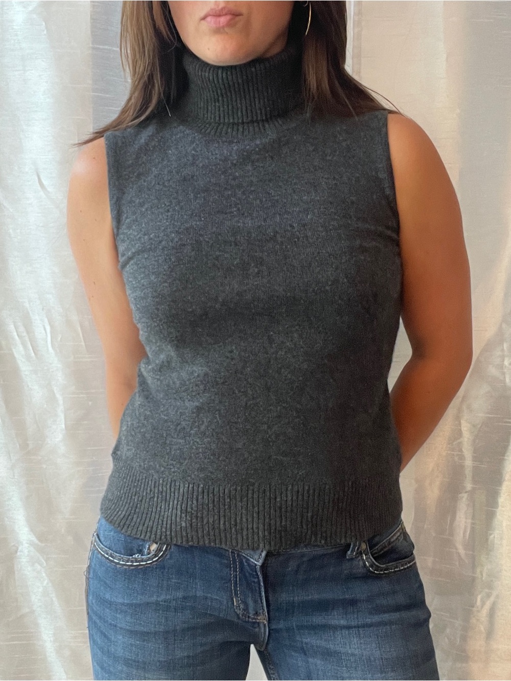 Vintage Cashmere Sleeveless Turtleneck Sweater Medium Gray Dark Academia 90s